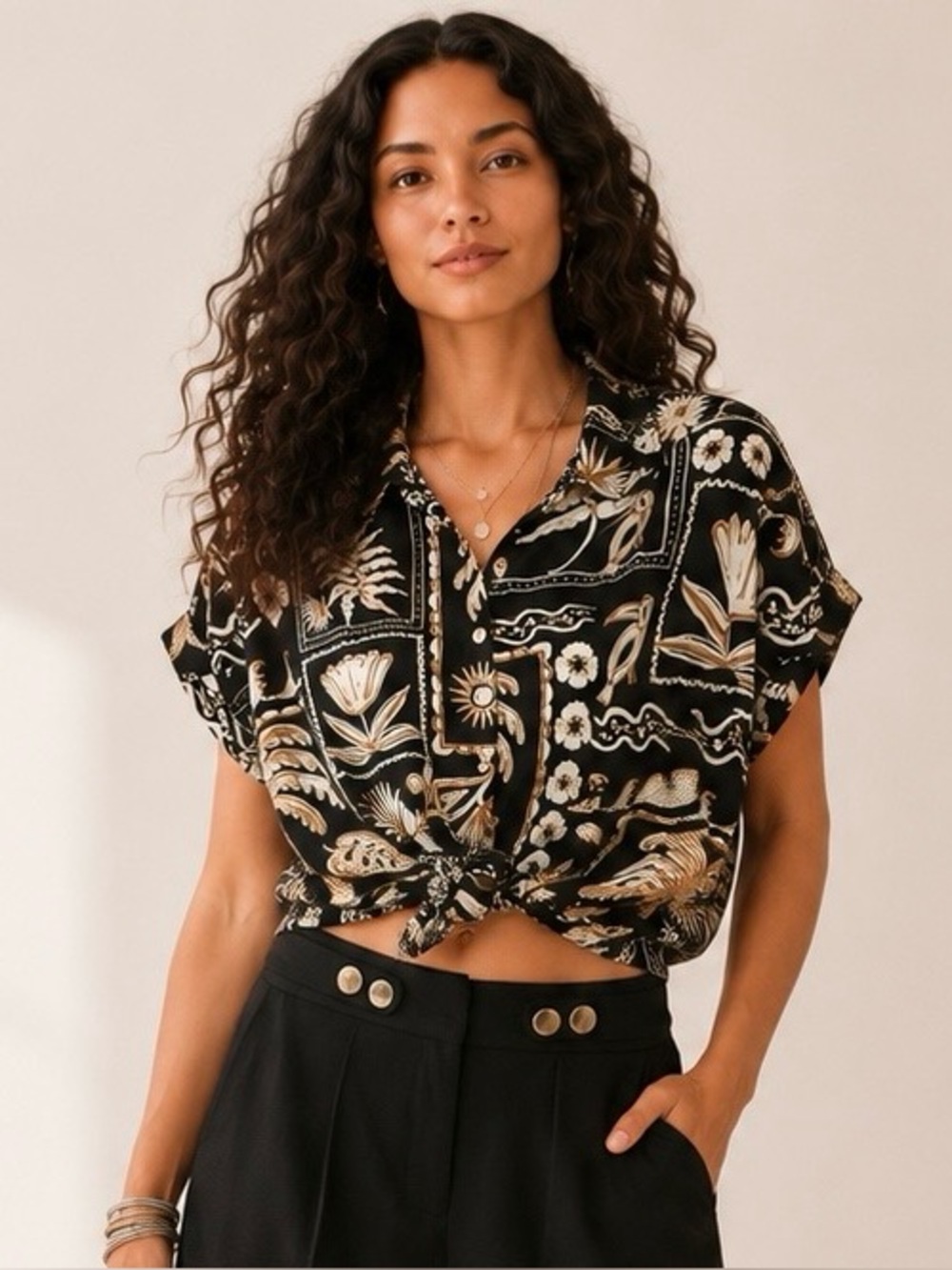 Rose + Olive Black Tropical Print Button Front Blouse Boho Resort Size L NWOT